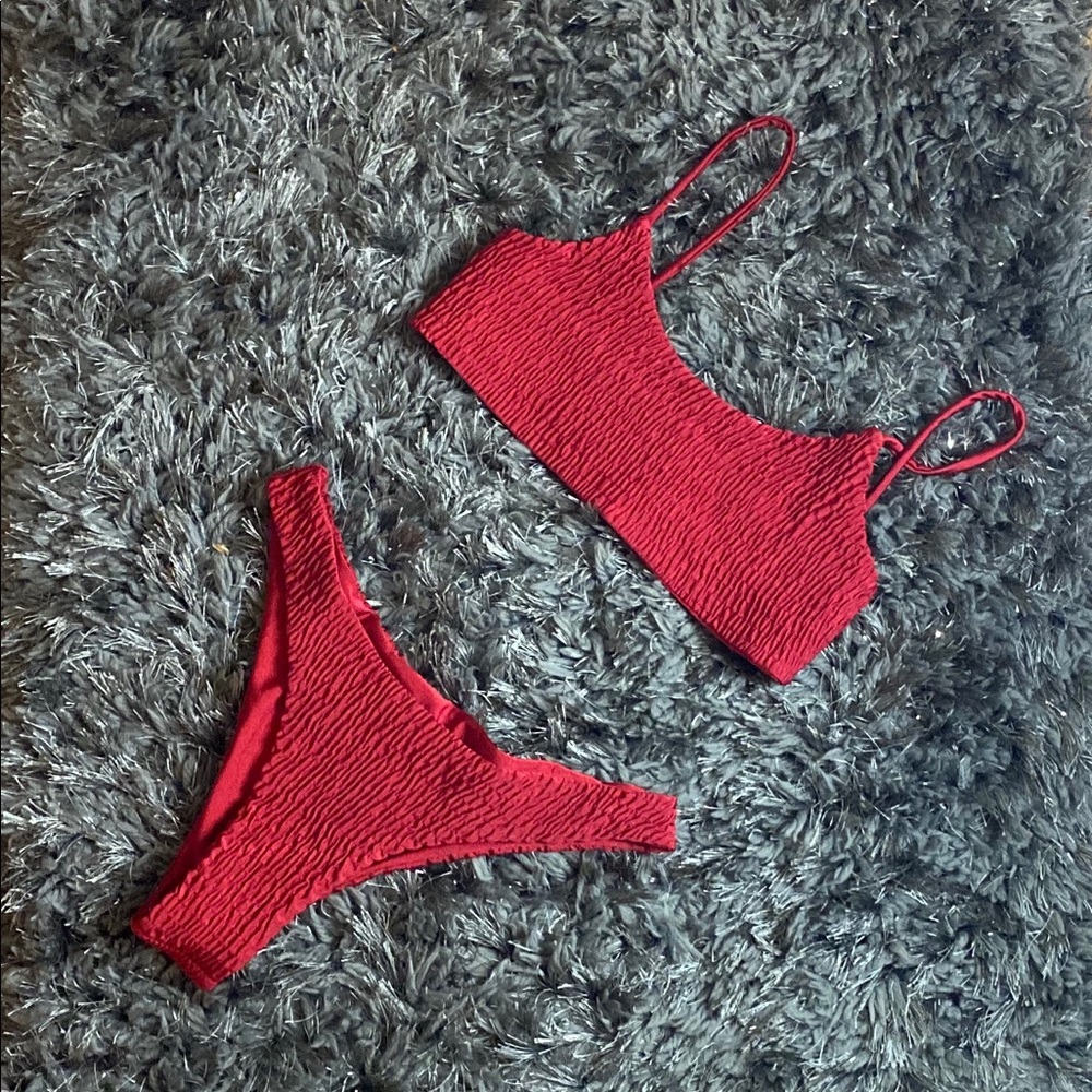 Pleated Wine Red Two Piece swimsuit